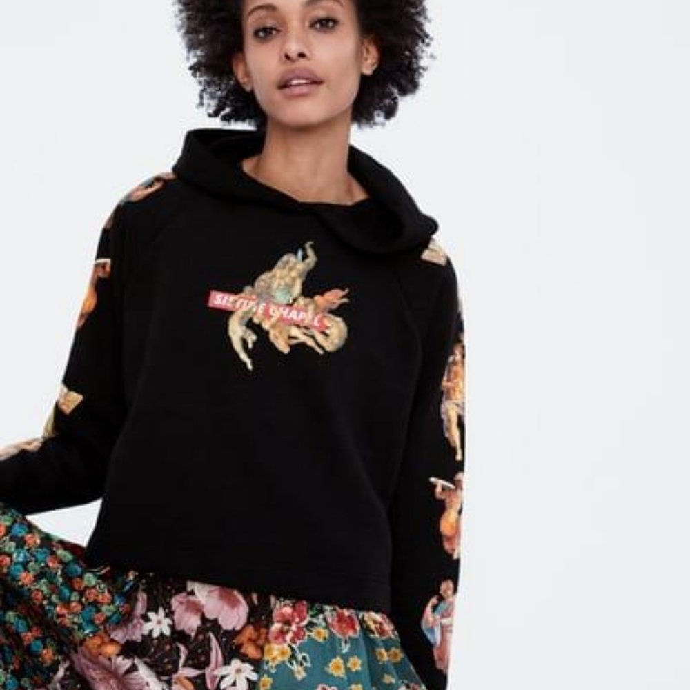 ZARA WOMAN SISTINE CHAPEL CROPPED BLACK SWEATSHIRT HOODIE SIZE MEDIUM - Picture 11 of 13